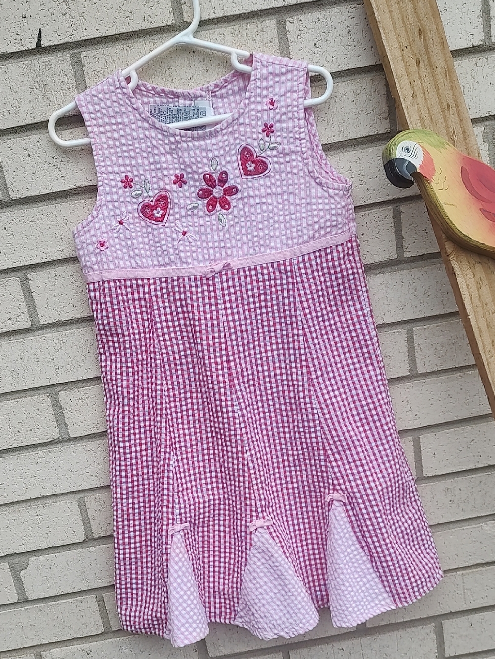 Youngland Pink Embroidered Heart & Flower Seersucker Dress